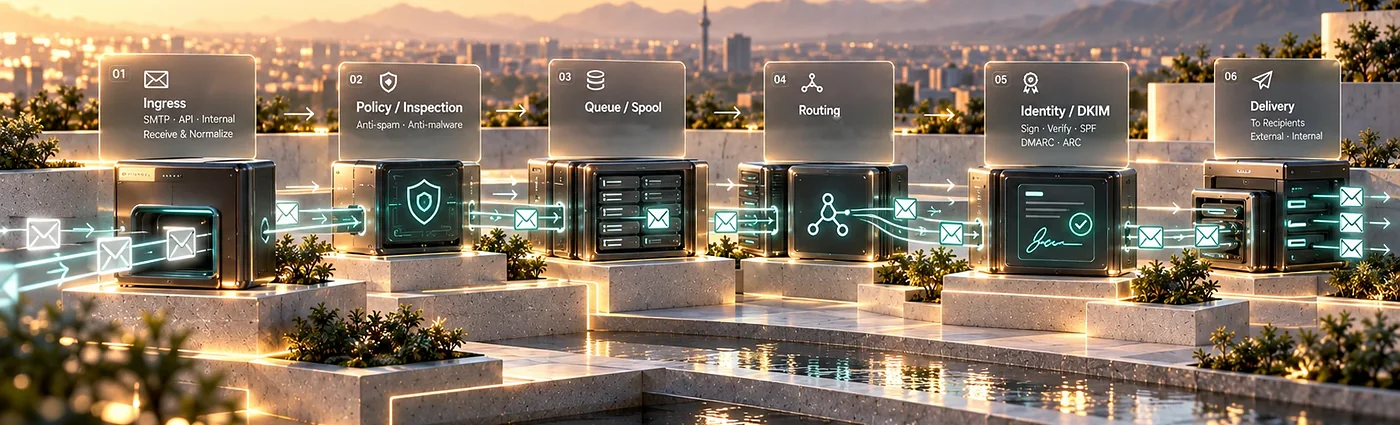 مسیر پیام در Mail Gateway: دریافت، سیاست و بازرسی، صف، مسیریابی، هویت و امضای DKIM، تحویل.