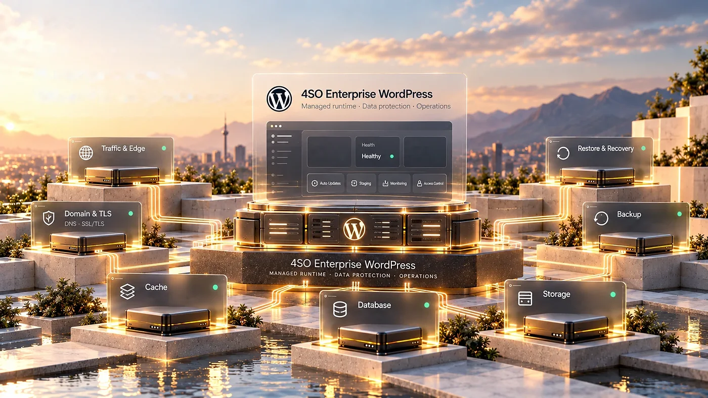 هستهی Enterprise WordPress و سرویسهای پلتفرم پیرامون آن: ترافیک و لبه، دامنه و TLS، کش، دیتابیس، ذخیرهسازی، پشتیبانگیری و بازیابی.